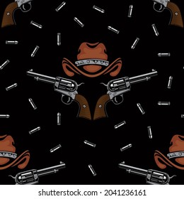 Seamless pattern with old revolvers, brown cowboy hats and scattered cartridges on a black backdrop. Vector background. Suitable for wallpaper, wrapping paper, fabric, graphic print for clothing