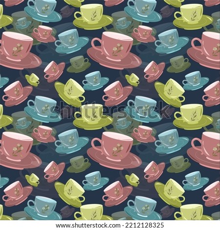 Seamless pattern of old rose, cadet blue, middle green yellow color tea cup and saucer on Prussian blue background. Colorful and creative design for textile pattern, wallpaper, interior decoration etc