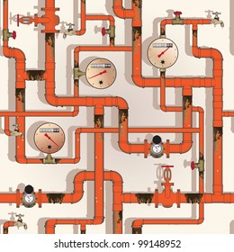 Seamless pattern. Old rusty pipeline with the instruments of control and distribution of the liquid. Instruments are divided into layers