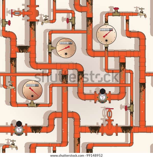 Seamless pattern. Old rusty pipeline with the\
instruments of control and distribution of the liquid. Instruments\
are divided into\
layers