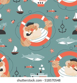 Seamless pattern with old sailor, lifebuoy, fish, vessel and anchor