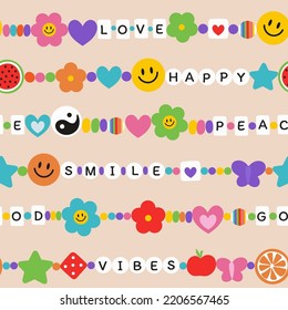 Seamless pattern with old school retro friendship bracelets. Cartoon 90s style. Vector background in 00s style. Handmade plastic bracelet in hippie style.  For textiles, clothing, bed linen.
