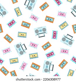 Seamless pattern with old school stereo radio cassete player and audio mixtape. Vintage background of retro portable tape recorder, boombox, nostalgia for 1980 1990.