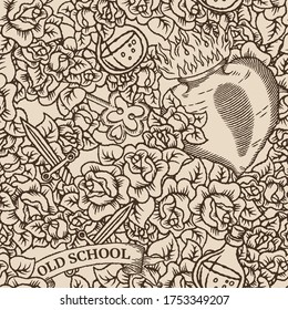 Seamless pattern in old school tattoo style with bottle, heart, key, knife, ribbon and roses in classic engraving brown and beige retro style
