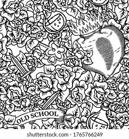 Seamless pattern in old school tattoo style with bottle, heart, key, knife, ribbon and roses in classic engraving black and white retro style