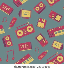 Seamless pattern with old school things. Colorful background with synthesizers, tape recorder, phone and other elements.