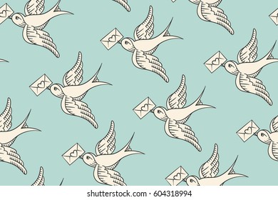 Seamless pattern with old school vintage bird and postal envelope with heart in engraving style on turquoise background. Hand drawn design for wrapping paper, fabric background. Vector illustration