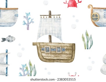 seamless pattern with old ships and boat transport. Water vessel. Sea algae and oceania fishes endless design for fabric, textile, nursery, t-shirts, clothes