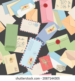 Seamless pattern old stamps and envelopes, mails, letters, postcards, postage stamps, sealing wax. Vintage background