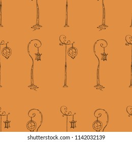 Seamless pattern from old street lamps and clock. Vector illustration of an old street lamp and a vintage street clock with a seamless pattern.