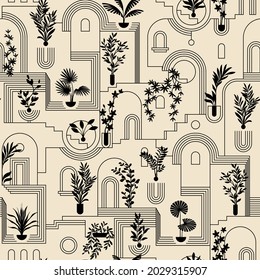 Seamless pattern with the old town. Repeating urban background that includes arches, staircases, windows, potted flowers, vertical landscaping. The architectural concept for tourism, beauty, flyers