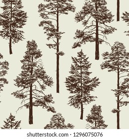 Seamless pattern with old trees. Freehand drawing. Can be used on packaging paper, fabric, background for different images, etc. 