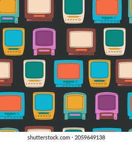 Seamless pattern old TV with VCR. Cassette recorder. Vector background for retro design.