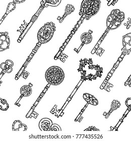 Seamless pattern with old vintage keys with heart elements on white. Graphic design collection for antique decorations, card. Hand drawn vintage vector illustration with Valentine’s Day concept