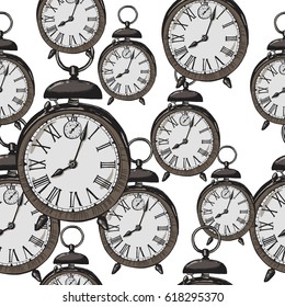 Seamless pattern with old vintage sketch ringing alarm clock, vector illustration