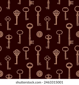 Seamless pattern with old wintage gold keys on black background. Vector repeating background in vintage style. Suitable for wallpaper, wrapping paper or fabric design
