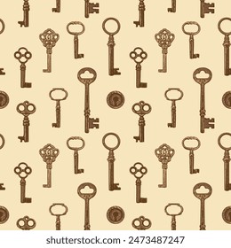 Seamless pattern with old wintage golden keys on white background. Vector repeating background in vintage style. Suitable for wallpaper, wrapping paper or fabric design