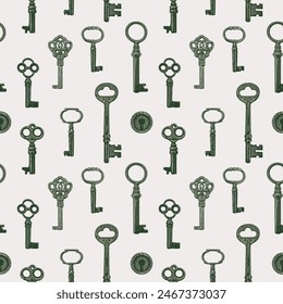 Seamless pattern with old wintage silver keys on white background. Vector repeating background in vintage style. Suitable for wallpaper, wrapping paper or fabric design