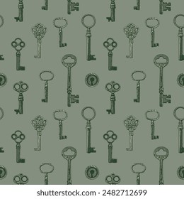 Seamless pattern with old wintage silver keys on gray background. Vector repeating background in vintage style. Suitable for wallpaper, wrapping paper or fabric design
