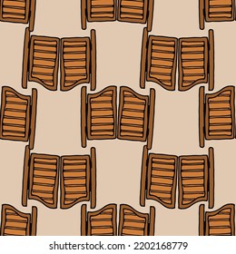 seamless pattern of an old wooden element of an interior door in brown color. closed interior doors made of wood, painted in the style of a sketch in the wild West with a black outline on a light one