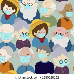 Seamless pattern with oldest people in mask. Social distancing, protection from Covid-19. Safety distance concept vector illustration.