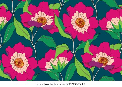 Impresión floral anticuada con grandes flores silvestres. Fondo de diseño botánico con plantas decorativas dibujadas a mano: flores con tallos y hojas. Ilustración vectorial.