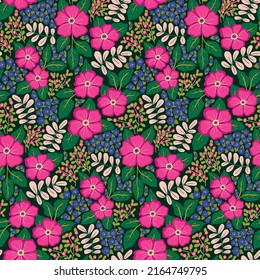 Seamless pattern with old-fashioned meadow, hand drawn plants on a green field. Vintage floral print, ornate botanical background with wild flowers, leaves and herbs. Vector illustration.