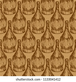 seamless pattern with old-fashioned wine bottles, bottle braided in italian style, can be used for wine tasting, vector illustration in sketch style