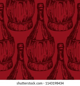 seamless pattern with old-fashioned wine bottles, bottle braided in italian style, can be used for wine tasting, marsala color, vector illustration in sketch style