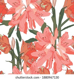 Seamless pattern with Oleander flower and lilies. Floral composition. Orange Rhododendron flowers on a white background. 