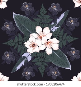 Seamless pattern Oleander and Hibiscus flowers on black background.Vector illustration line art drawing fabric design.