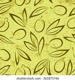 Seamless Pattern, Olive Berries and Leaves Brown Pictograms on Abstract Yellow Background. Vector