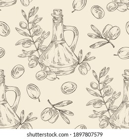 Seamless pattern with olive and bottle of olive oil. Vector hand drawn illustration.