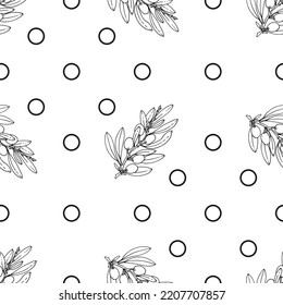 Patrón sin foco de ramas de olivo con hojas y aceitunas de frutas sobre fondo blanco. Ilustración plana vectorial. Diseño para textiles, papel pintado, envoltura, fondo