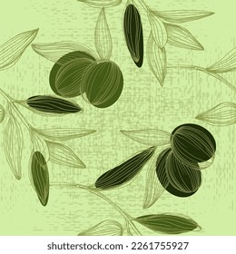 Patrón sin mar con rama de olivo. Ramas de oliva esbozan. Flor silvestre de dibujo manual vectorial para fondo, textura, patrón envolvente.