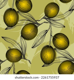 Seamless pattern with olive branch. Olive branches sketch. Vector hand drawing wildflower for background, texture, wrapper pattern.
