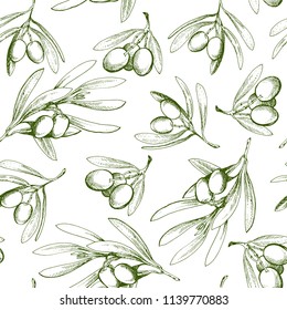 Seamless pattern with olive branch. Drawn by hand