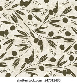  Seamless pattern with olive branch. Hand-drawn floral background. Monochrome vector illustration.