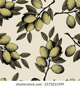 Seamless pattern with olive branch. Ink hand drawn olives background. Botanic plant vector illustration  for print, fabric, textile. A sprig of an olive tree with leaves. Food concept.