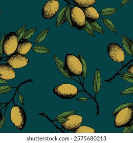 Seamless pattern with olive branch. Ink hand drawn olives background. Botanic plant vector illustration  for print, fabric, textile. A sprig of an olive tree with leaves. Food concept.