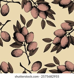 Seamless pattern with olive branch. Ink hand drawn olives background. Botanic plant vector illustration  for print, fabric, textile. A sprig of an olive tree with leaves. Food concept.