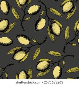 Seamless pattern with olive branch. Ink hand drawn olives background. Botanic plant vector illustration  for print, fabric, textile. A sprig of an olive tree with leaves. Food concept.
