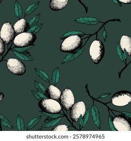 Seamless pattern with olive branch. Ink hand drawn olives background. Botanic plant vector illustration  for print, fabric, textile. A sprig of an olive tree with leaves. Food concept.