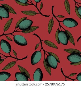 Seamless pattern with olive branch. Ink hand drawn olives background. Botanic plant vector illustration  for print, fabric, textile. A sprig of an olive tree with leaves. Food concept.