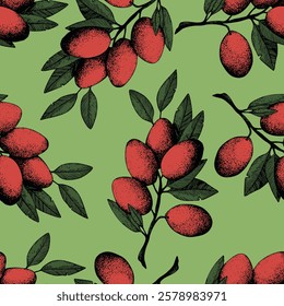 Seamless pattern with olive branch. Ink hand drawn olives background. Botanic plant vector illustration  for print, fabric, textile. A sprig of an olive tree with leaves. Food concept.