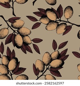 Seamless pattern with olive branch. Ink hand drawn olives background. Botanic plant vector illustration  for print, fabric, textile. A sprig of an olive tree with leaves. Food concept.