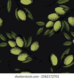 Seamless pattern with olive branch. Ink hand drawn olives background. Botanic plant vector illustration  for print, fabric, textile. A sprig of an olive tree with leaves. Food concept.