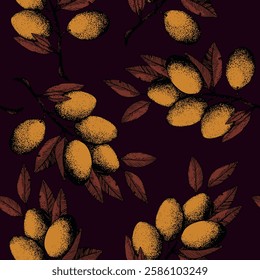 Seamless pattern with olive branch. Ink hand drawn olives background. Botanic plant vector illustration  for print, fabric, textile. A sprig of an olive tree with leaves. Food concept.