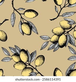 Seamless pattern with olive branch. Ink hand drawn olives background. Botanic plant vector illustration  for print, fabric, textile. A sprig of an olive tree with leaves. Food concept.