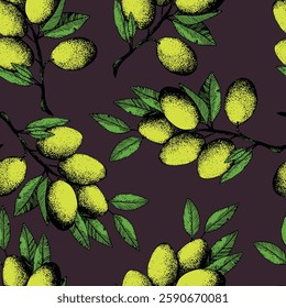 Seamless pattern with olive branch. Ink hand drawn olives background. Botanic plant vector illustration  for print, fabric, textile. A sprig of an olive tree with leaves. Food concept.